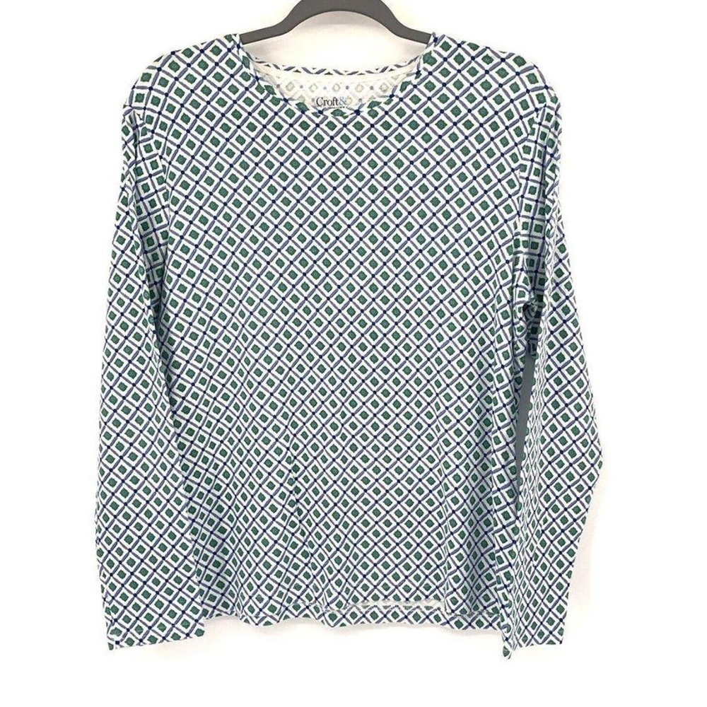Croft & Borrow Classic Tee Blue Green Diamond Pattern Size Medium